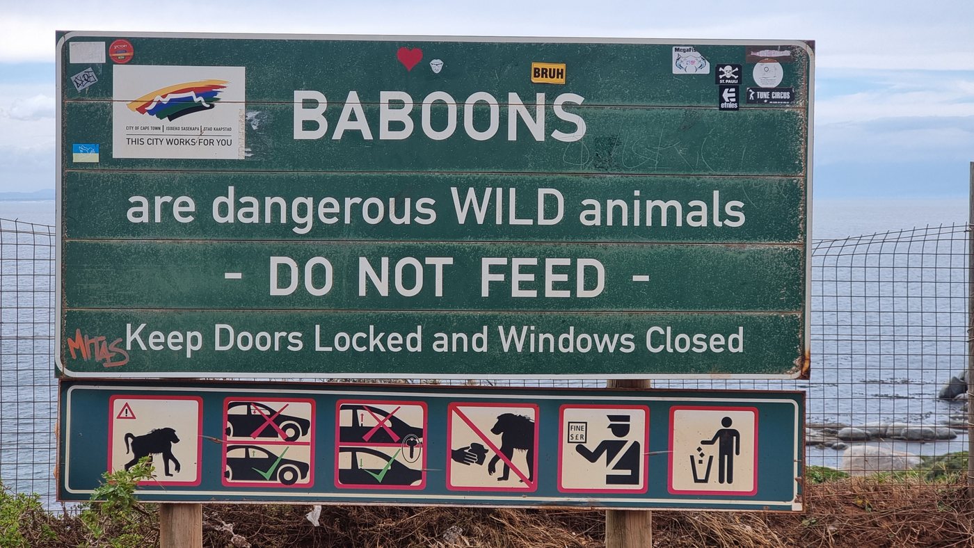 Official Cape Peninsula sign warning that baboons are dangerous wild animals and must not be fed