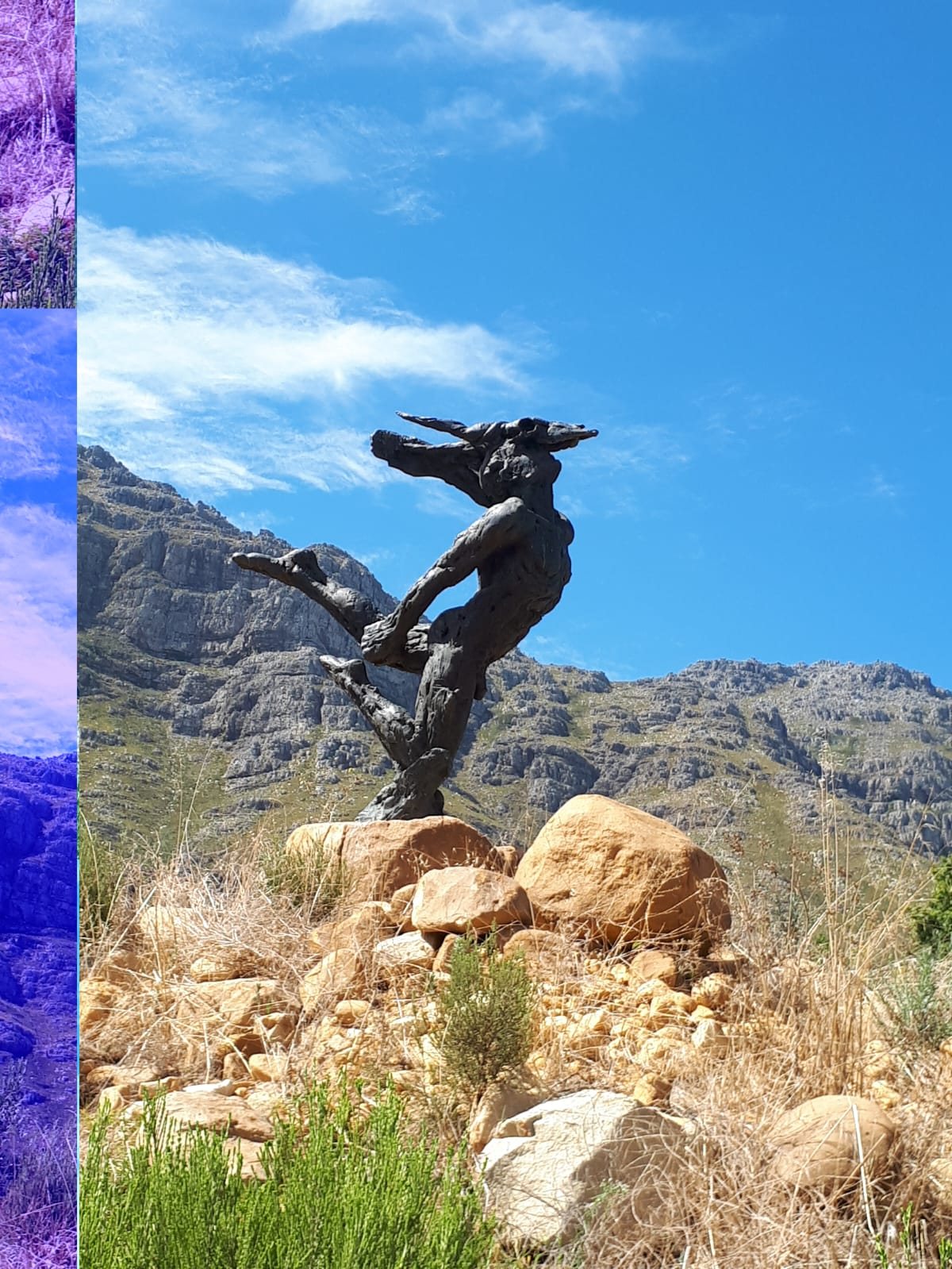 A wild bronze figure by Dylan Lewis set against the Stellenbosch mountains