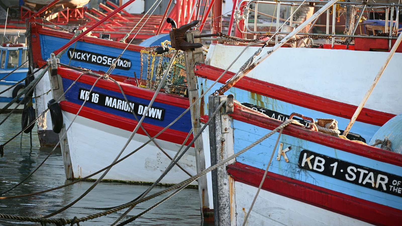 Colourful wooden fishing boats moored in Kalk Bay harbour, Cape Town, their KB registration numbers on the bows