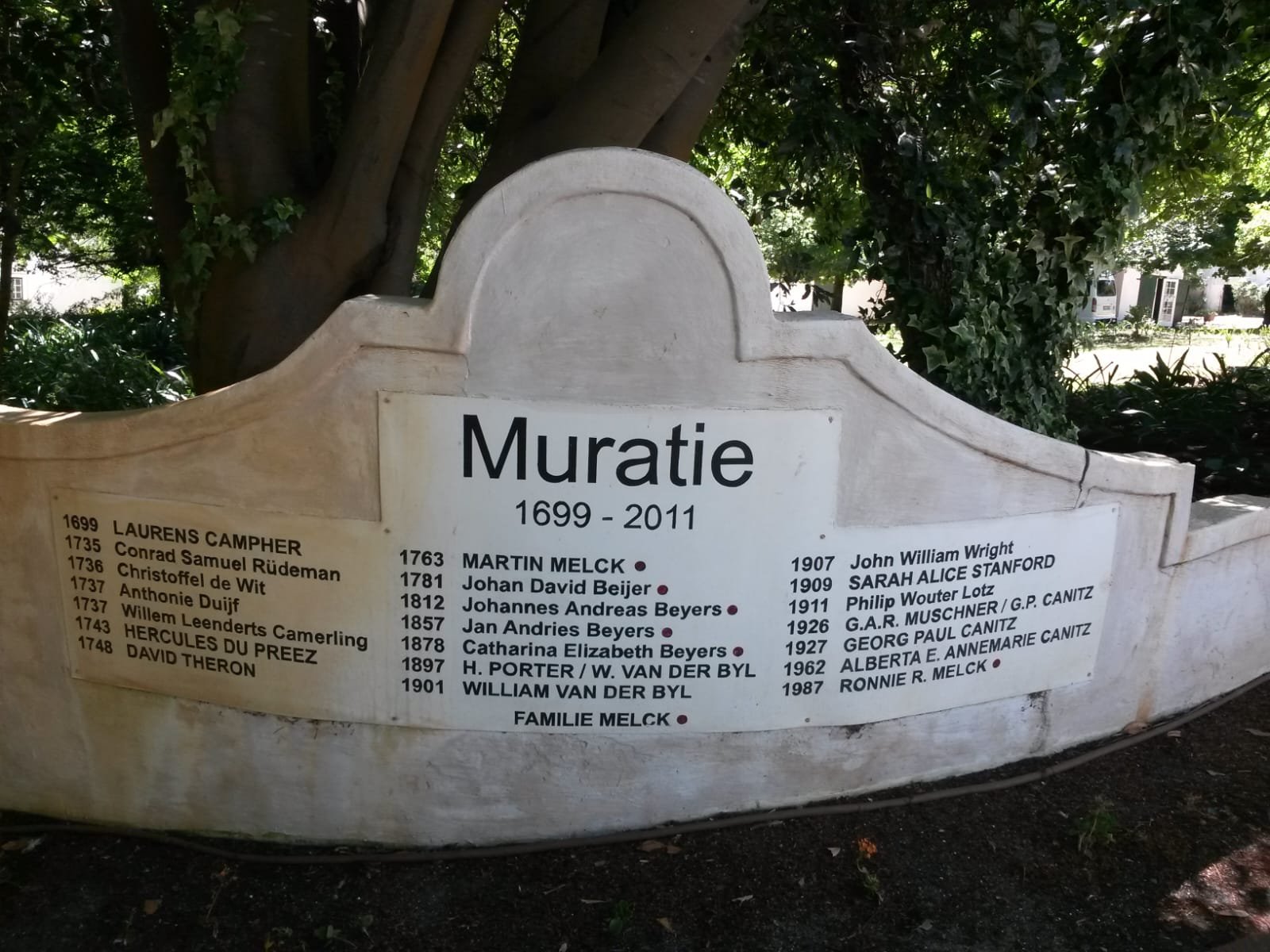 The Muratie 1699 to 2011 heritage wall listing the families who have owned the estate
