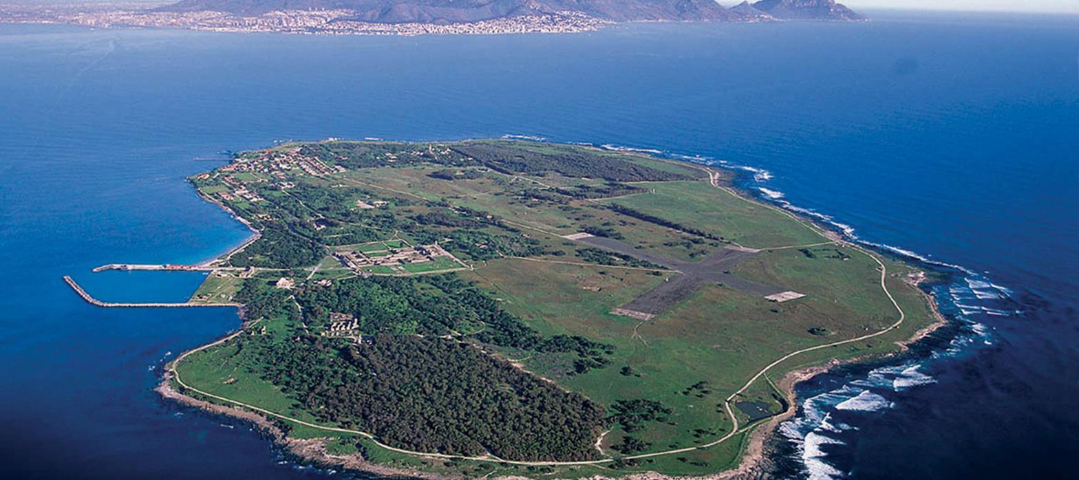 Aerial view of Robben Island in Table Bay off Cape Town