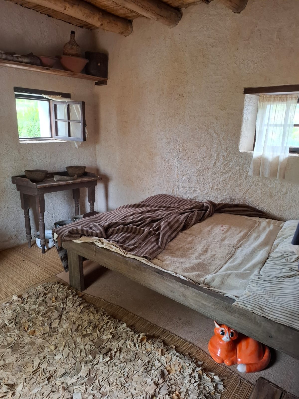A period farmhouse bedroom with iron bed and a cat at Soetmelksvlei